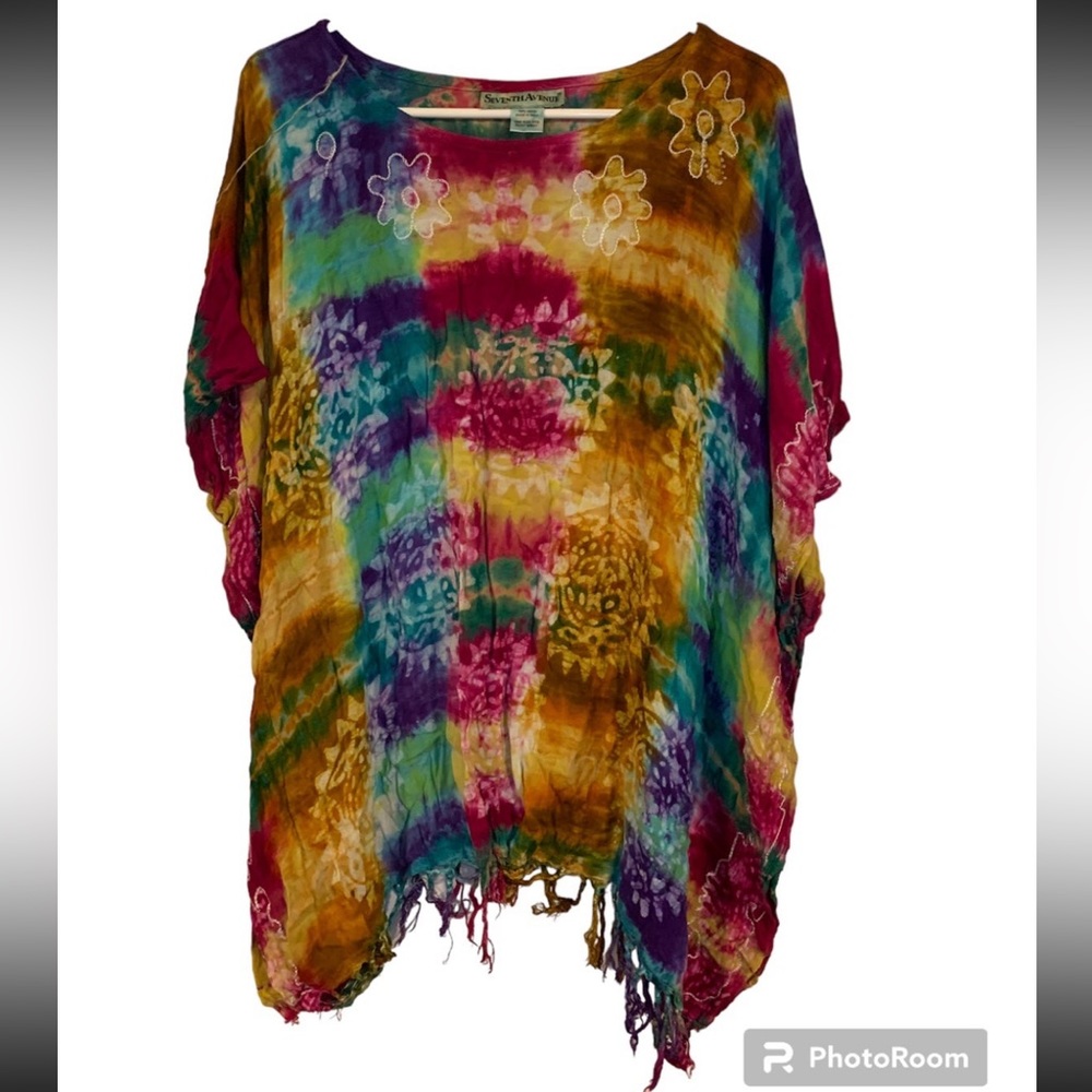 Rainbow Boho Fringe Embroidered Flowers Women's Top- Cover-up- Flowy